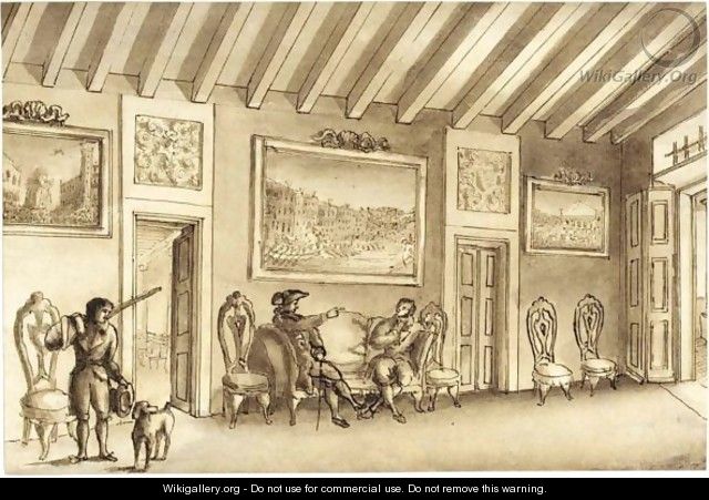 Interior Scene With Two Gentlemen Seated In A Hall Hung With Venetian Paintings, A Hunter And His Dog Standing To The Left - North-Italian School