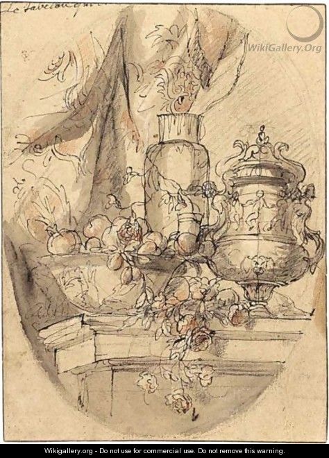 A Still Life With Ornamental Vases, Fruits And Flowers - French School