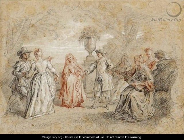 An Elegant Company Dancing And Making Music In A Garden Setting, Within A Fictive Frame - (after) Watteau, Jean Antoine