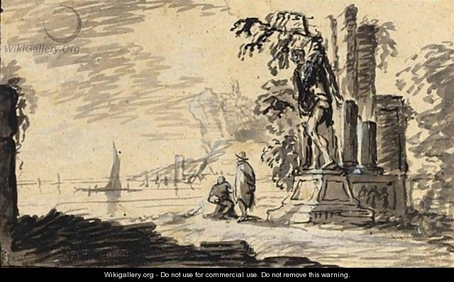 Italianate Coastal Scene, With Two Figures By A Ruin And A Statue - (after) Adriaen Van Der Kabel