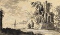 Italianate Coastal Scene, With Two Figures By A Ruin And A Statue - (after) Adriaen Van Der Kabel
