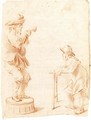 A Man Standing On A Barrel And A Man With A Walking Frame - Dutch School