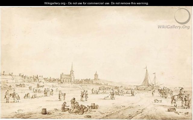 The Beach At Katwijk, With Figures, Boats And Carts - Paulus Constantin La Fargue