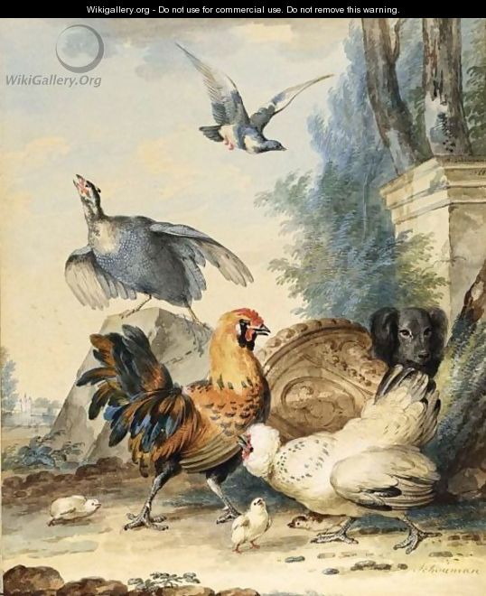 A Cockerel, Hen And Chicks, With A Guinea Fowl And A Dog By A Ruined Column, A Castle In The Distance - Aert Schouman