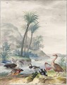 Exotic Waterbirds In A Landscape, From Left To Right A Bean Goose, A Scarlet Ibis, An Egyptian Goos - Johannes Bronckhorst