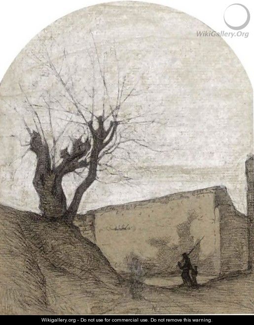 A Fisherman And A Child Walking By A Wall, A Willow Tree To The Left - French School