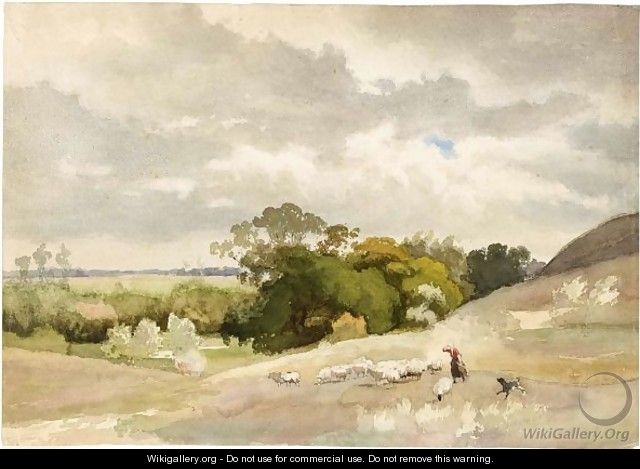 A Shepherdess With Sheep And A Dog In A Hilly Wooded Landscape - Julius Jacobus Van De Sande Bakhuyzen