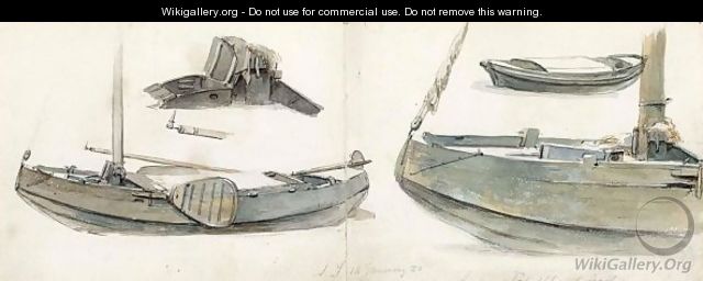 Two Joined Sketchbook Sheets, With Studies Of Boats On Both Sides - Andreas Schelfhout