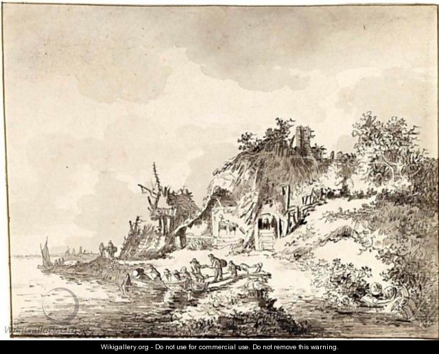 River Landscape With Figures Embarking On A Boat - Dutch School