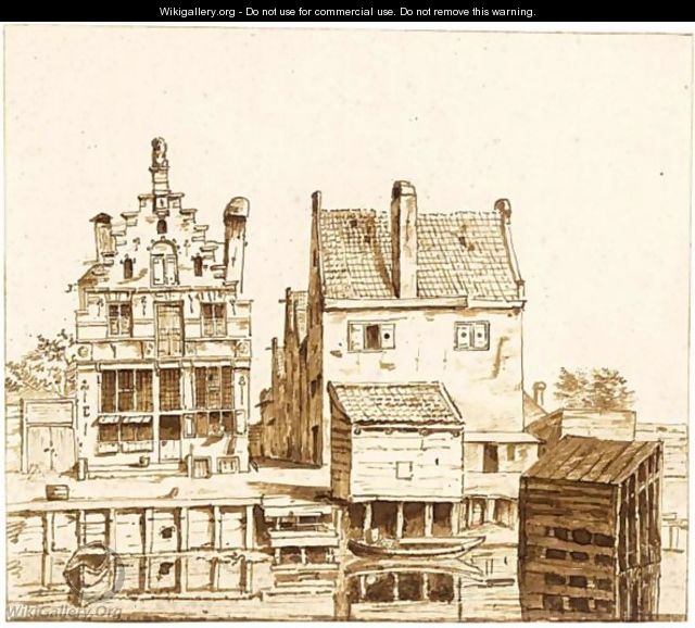 A Step-Gabled House And Other Buildings On A Wharf - Dutch School
