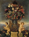 Natura Morta Con Vaso Di Fiori, Putti E Frutta, In Secondo Piano La Citta Di Firenze - Italian School