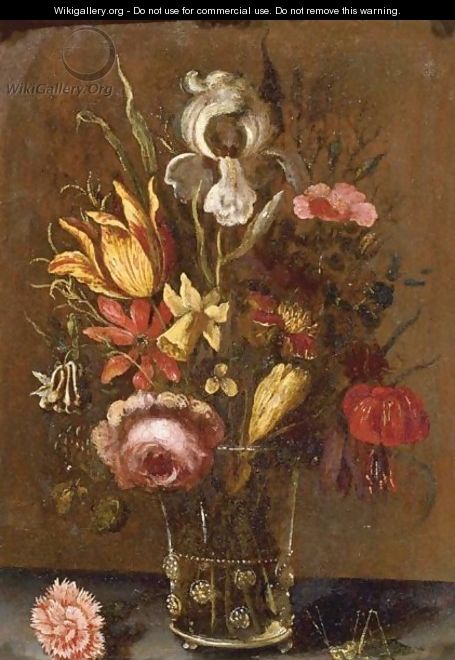 Still Life With An Iris, A Tulip, A Rose And Other Flowers In A Glass Vase, Resting On A Ledge With A Grasshopper - (after) Balthasar Van Der Ast