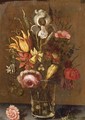 Still Life With An Iris, A Tulip, A Rose And Other Flowers In A Glass Vase, Resting On A Ledge With A Grasshopper - (after) Balthasar Van Der Ast