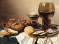 Still Life Of A Crab On A Pewter Plate, A Salt-Cellar, A Roemer, A Knife, A Lemon And Two Oysters On A Pewter Plate, All Resting On A Draped Table - Pieter Claesz.