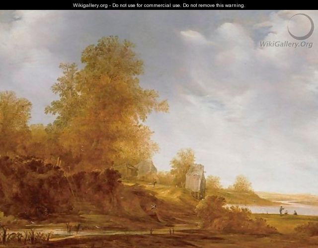 River Landscape With Figures Fishing In The Distance - Jacob van Mosscher