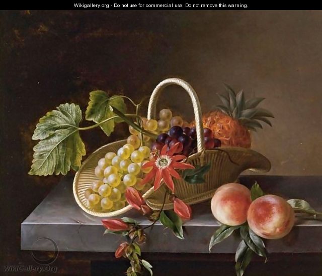 Still Life Of Fruit And Flowers In A Basket And Peaches All Resting On A Marble Ledge - Hanne Hellesen
