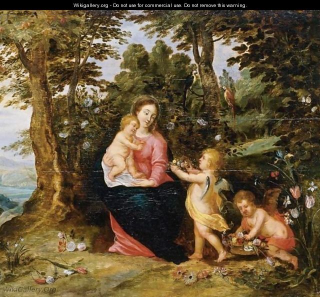 Virgin And Child With Two Angels In A Landscape - (after) Jan, The Younger Brueghel