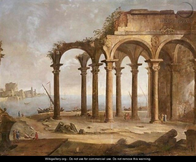 Capriccio Of Ruins By A Port With Figures And Boats, The Castel Sant