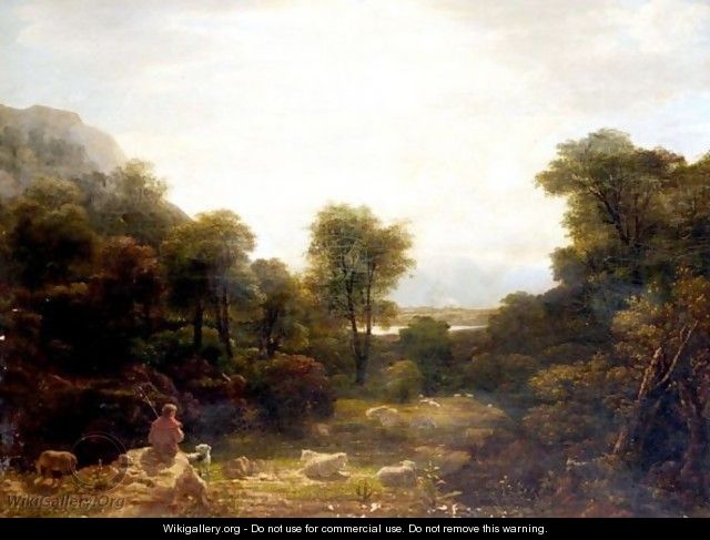 Shepherd With His Flock In Wooded Landscape - English School
