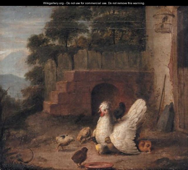 A Silver Houdon Hen With Chicks - Marmaduke Cradock