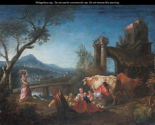 Paesaggio Fluviale Con Rovine Classiche, Pastorelle, Fanciulli Ed Armenti - (after) Domenico Pecchio