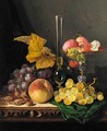 Still Life With Peaches Grapes Hazelnuts Raspberries And Plums With A Wine Glass - Edward Ladell