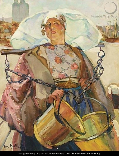 A Dutch Fisherwoman Carrying Buckets - Hans Von Bartels