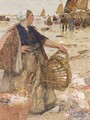 A Dutch Fisherwoman Holding A Basket On A Crowded Beach - Hans Von Bartels