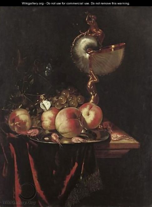 Fruits, Crustaces Et Nautile Sur Un Entablement harmen Loedingstill Life With Peaches And A Nautiluswe Are Grateful To Mr Fred Meijer For Confirming The Attribution On The Basis Of A Transparency. - Harmen Loeding