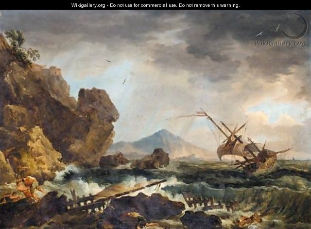 A Stormy Coastal Landscape, With Figures Inthe Foreground, A Ship Beyond - (after) Claude-Joseph Vernet