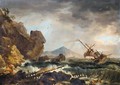 A Stormy Coastal Landscape, With Figures Inthe Foreground, A Ship Beyond - (after) Claude-Joseph Vernet
