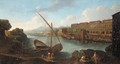 A Mediterranean Harbour Scene, With Figures Before A Barque - (after) Adriaen Manglard