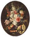 A Still Life With Various Flowers In A Porcelain Vase, Together With Apples, Grapes, Cherries, A Pear And A Lemon - North-Italian School