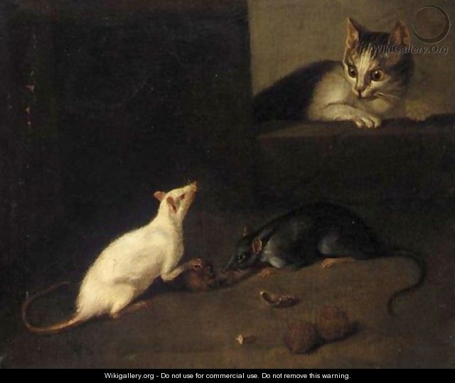 A Cat Stalking Two Rats Eating Walnuts - French School