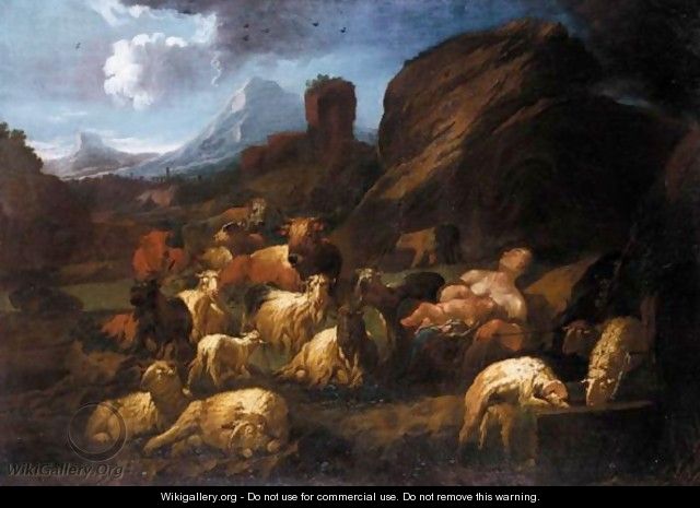 An Italianate Landscape With A Shepherd And His Animals - Philipp Peter Roos