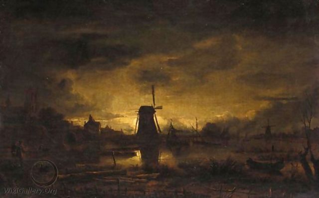 A Moonlit River Landscape With Figures In The Foreground, A Windmill Beyond - (after) Aert Van Der Neer