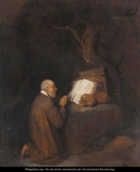 A Study Of A Hermit Kneeling Before An Open Book And Skulls - Quiringh Gerritsz. van Brekelenkam