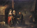 An Interior With A Procuress Presenting A Young Lady To An Old Man, A Boor Warming Himself Beside A Fire Beyond - (after) Matheus Van Helmont