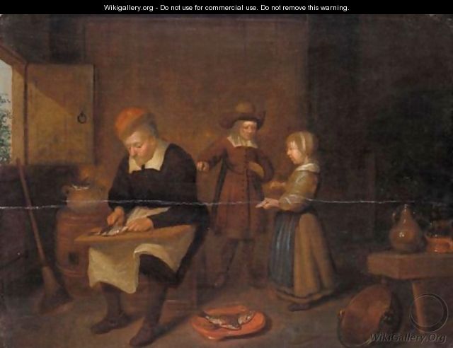 An Interior With A Man Preparing Herrings, A Young Boy And Girl Beyond - (after) Quirin Gerritsz. Van Brekelenkam