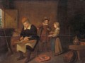 An Interior With A Man Preparing Herrings, A Young Boy And Girl Beyond - (after) Quirin Gerritsz. Van Brekelenkam