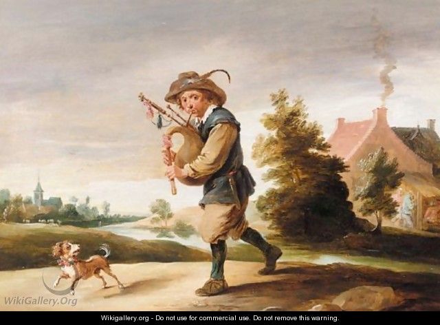 A Landscape With A Boor Playing The Bagpipes, Together With A Dog On A Path - Abraham Teniers