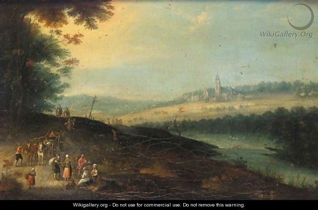 A River Landscape With Waggoners Beside A Road, A Church Beyond - (after) Jan The Elder Brueghel