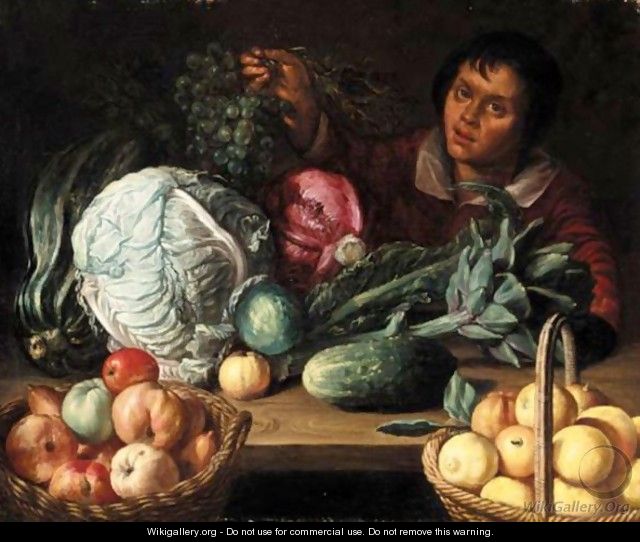 A Still Life With Marrows, Cabbages, An Artichoke, Baskets Of Apples And Lemons, Together With A Boy Holding A Bunch Of Grapes - (after) Willem Eversdijck