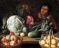 A Still Life With Marrows, Cabbages, An Artichoke, Baskets Of Apples And Lemons, Together With A Boy Holding A Bunch Of Grapes - (after) Willem Eversdijck