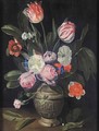 Still Life Of Tulips And Roses In A Stoneware Vase - Jan Philip van Thielen
