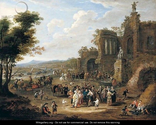 A River Landscape With Orientals And Locals Conversing Before A Set Of Ruins - Mathys Schoevaerdts