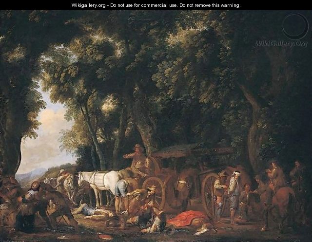 A Wooded Landscape With Bandits Ambushing Travellers - Cornelis de Wael