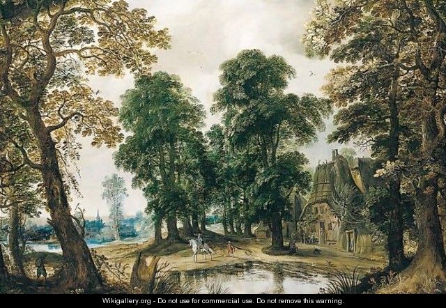 Wooded Landscape With Figures Passing Through A Village - (after) Adriaen Van Stalbemt