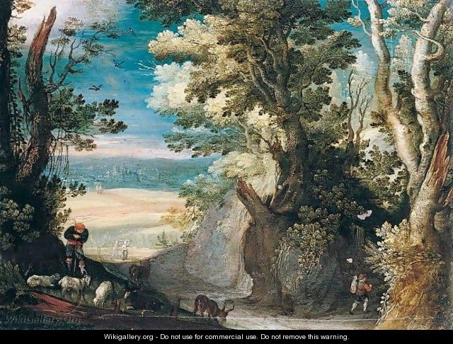 A Wooded Landscape With A Herdsman Tending Goats In The Foreground, A View Of A Town In The Distance - (after) Paul Bril