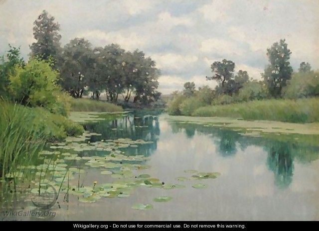 River Scene With Waterlilies - Continental School